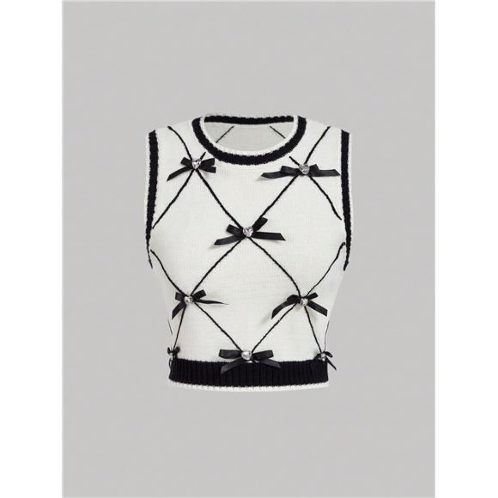 Diamond Grid,Contrast Color Bowknot & Diamond Pattern Women Sweater Vest